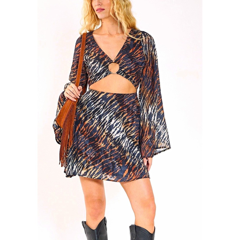 Nasty Gal Animal Print Ring Cut-Out V-Neck Flared Long Sleeve Mini Dress 12